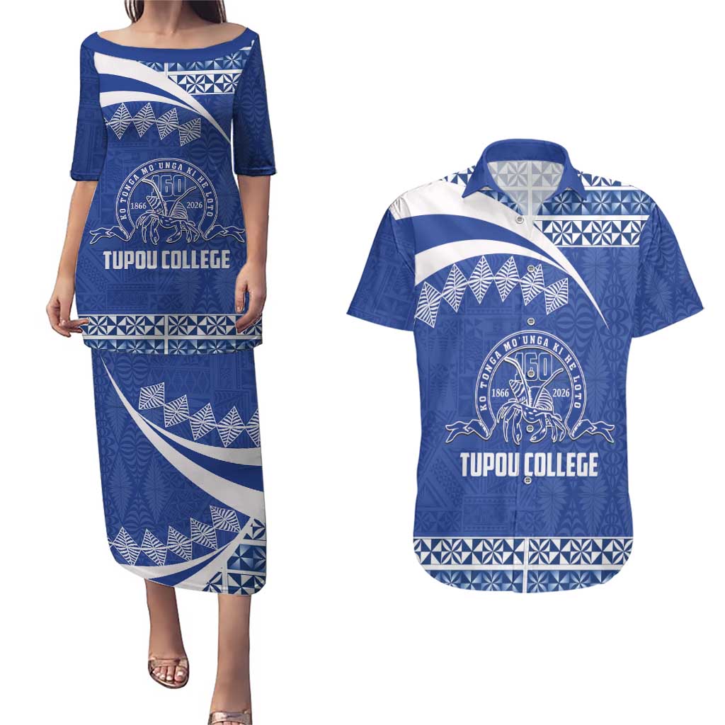 Personalised Tonga Tupou College Toloa Couples Matching Puletasi and Hawaiian Shirt 160 Years Anniversary Tongan Ngatu Pattern LT14 Blue - Polynesian Pride