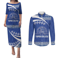 Personalised Tonga Tupou College Toloa Couples Matching Puletasi and Long Sleeve Button Shirt 160 Years Anniversary Tongan Ngatu Pattern LT14 Blue - Polynesian Pride