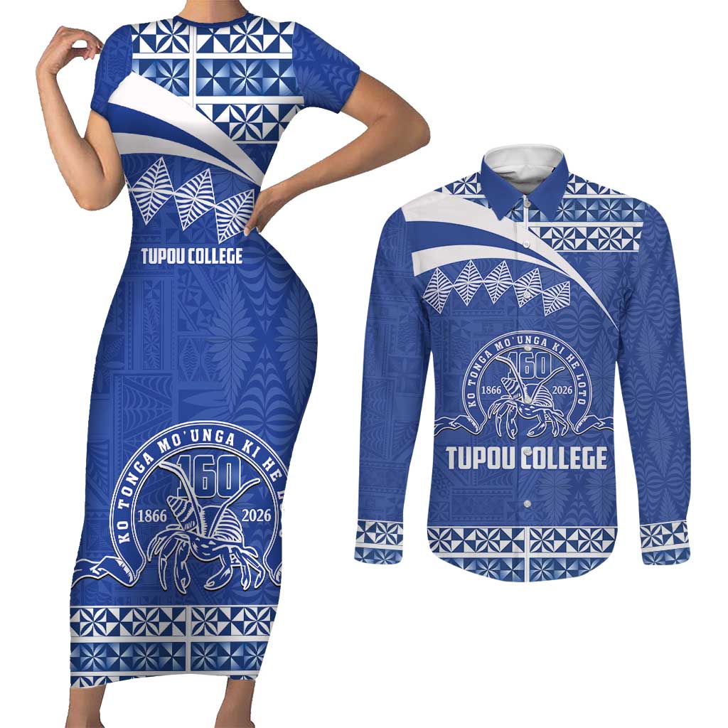 Personalised Tonga Tupou College Toloa Couples Matching Short Sleeve Bodycon Dress and Long Sleeve Button Shirt 160 Years Anniversary Tongan Ngatu Pattern