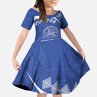 Personalised Tonga Tupou College Toloa Family Matching Off The Shoulder Long Sleeve Dress and Hawaiian Shirt 160 Years Anniversary Tongan Ngatu Pattern LT14 Daughter's Dress Blue - Polynesian Pride