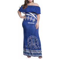 Personalised Tonga Tupou College Toloa Family Matching Off Shoulder Maxi Dress and Hawaiian Shirt 160 Years Anniversary Tongan Ngatu Pattern LT14 Mom's Dress Blue - Polynesian Pride