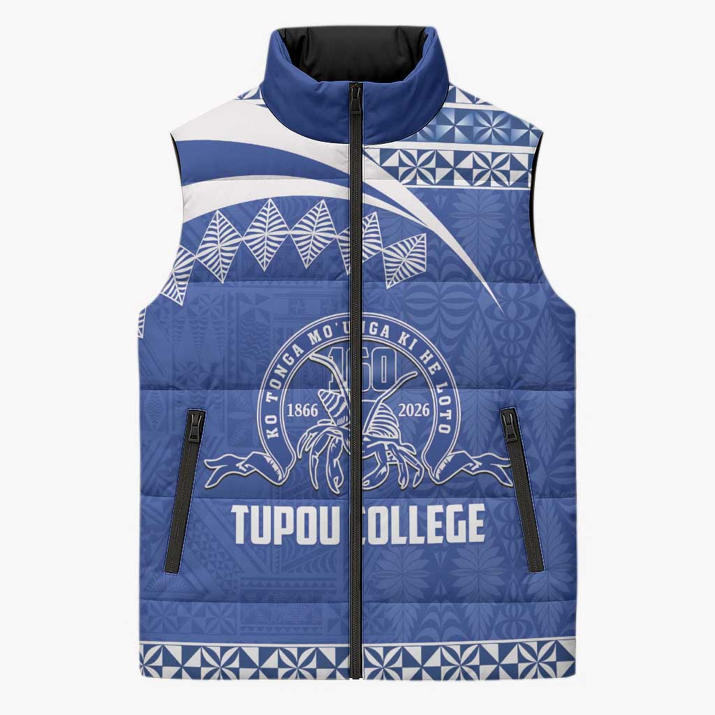 Personalised Tonga Tupou College Toloa Sleeveless Puffer Jacket 160 Years Anniversary Tongan Ngatu Pattern LT14 Unisex Blue - Polynesian Pride