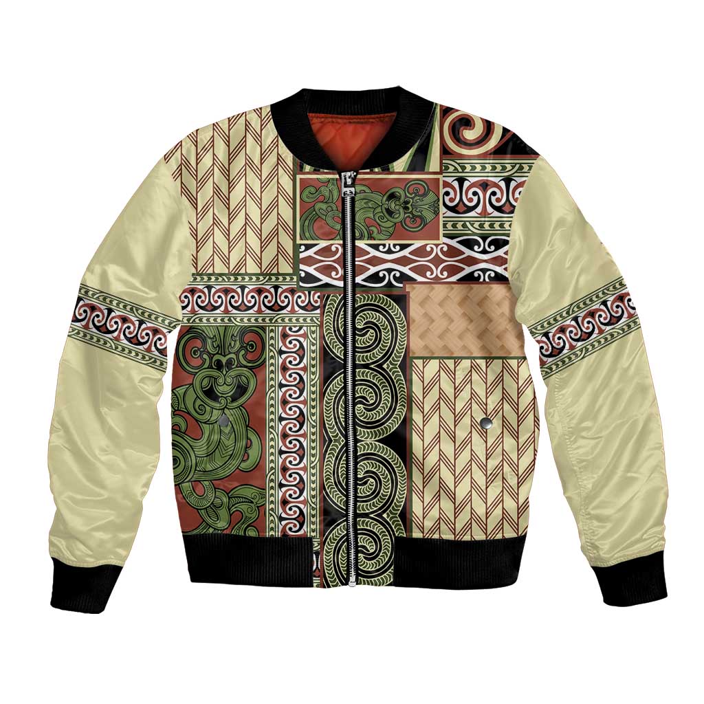 Beige Aotearoa Kowhaiwhai Pattern Bomber Jacket NZ Maori Quilt Style