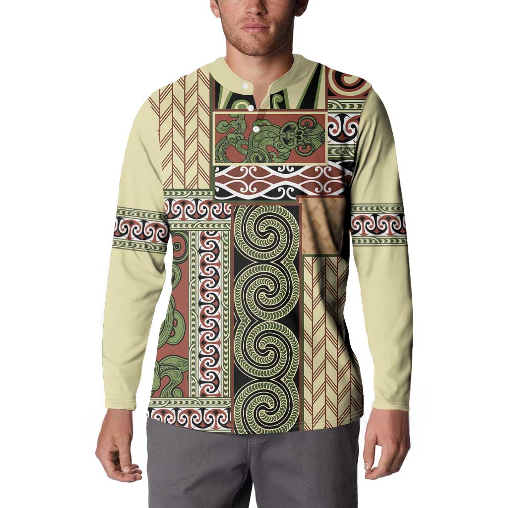 Beige Aotearoa Kowhaiwhai Pattern Button Sweatshirt NZ Maori Quilt Style