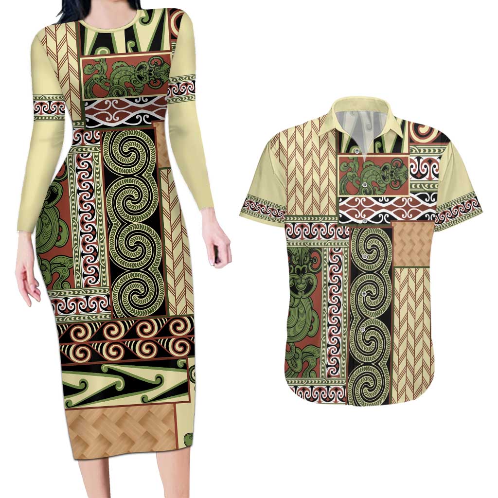 Beige Aotearoa Kowhaiwhai Pattern Couples Matching Long Sleeve Bodycon Dress and Hawaiian Shirt NZ Maori Quilt Style