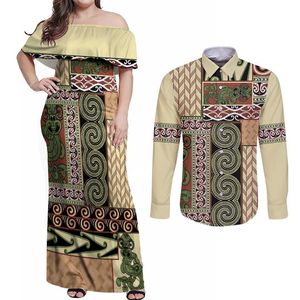 Beige Aotearoa Kowhaiwhai Pattern Couples Matching Off Shoulder Maxi Dress and Long Sleeve Button Shirt NZ Maori Quilt Style