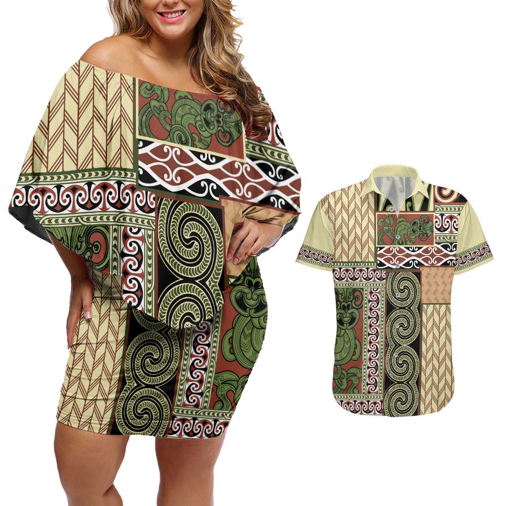 Beige Aotearoa Kowhaiwhai Pattern Couples Matching Off Shoulder Short Dress and Hawaiian Shirt NZ Maori Quilt Style