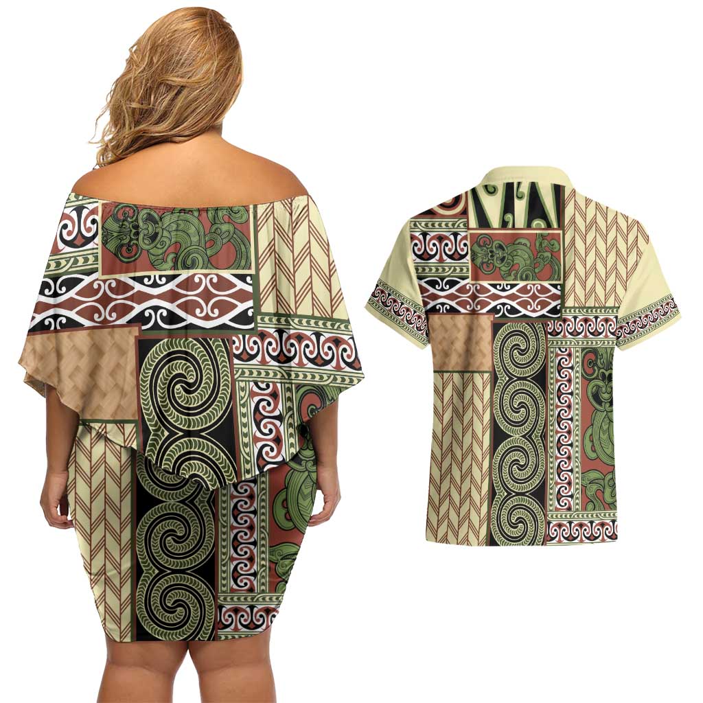 Beige Aotearoa Kowhaiwhai Pattern Couples Matching Off Shoulder Short Dress and Hawaiian Shirt NZ Maori Quilt Style