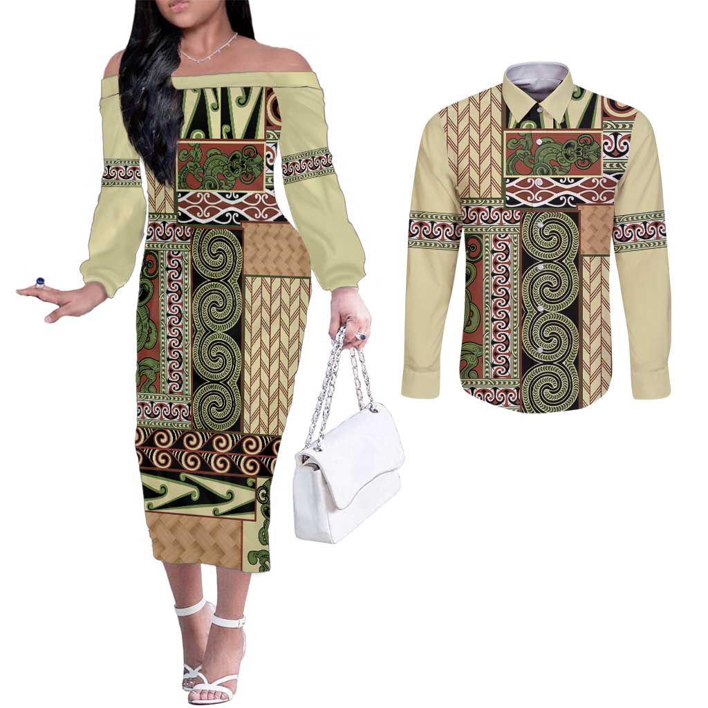 Beige Aotearoa Kowhaiwhai Pattern Couples Matching Off The Shoulder Long Sleeve Dress and Long Sleeve Button Shirt NZ Maori Quilt Style