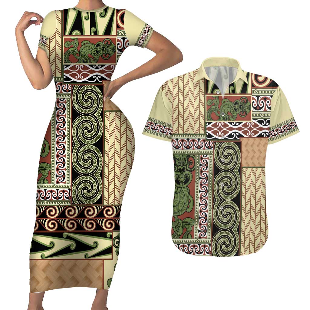 Beige Aotearoa Kowhaiwhai Pattern Couples Matching Short Sleeve Bodycon Dress and Hawaiian Shirt NZ Maori Quilt Style