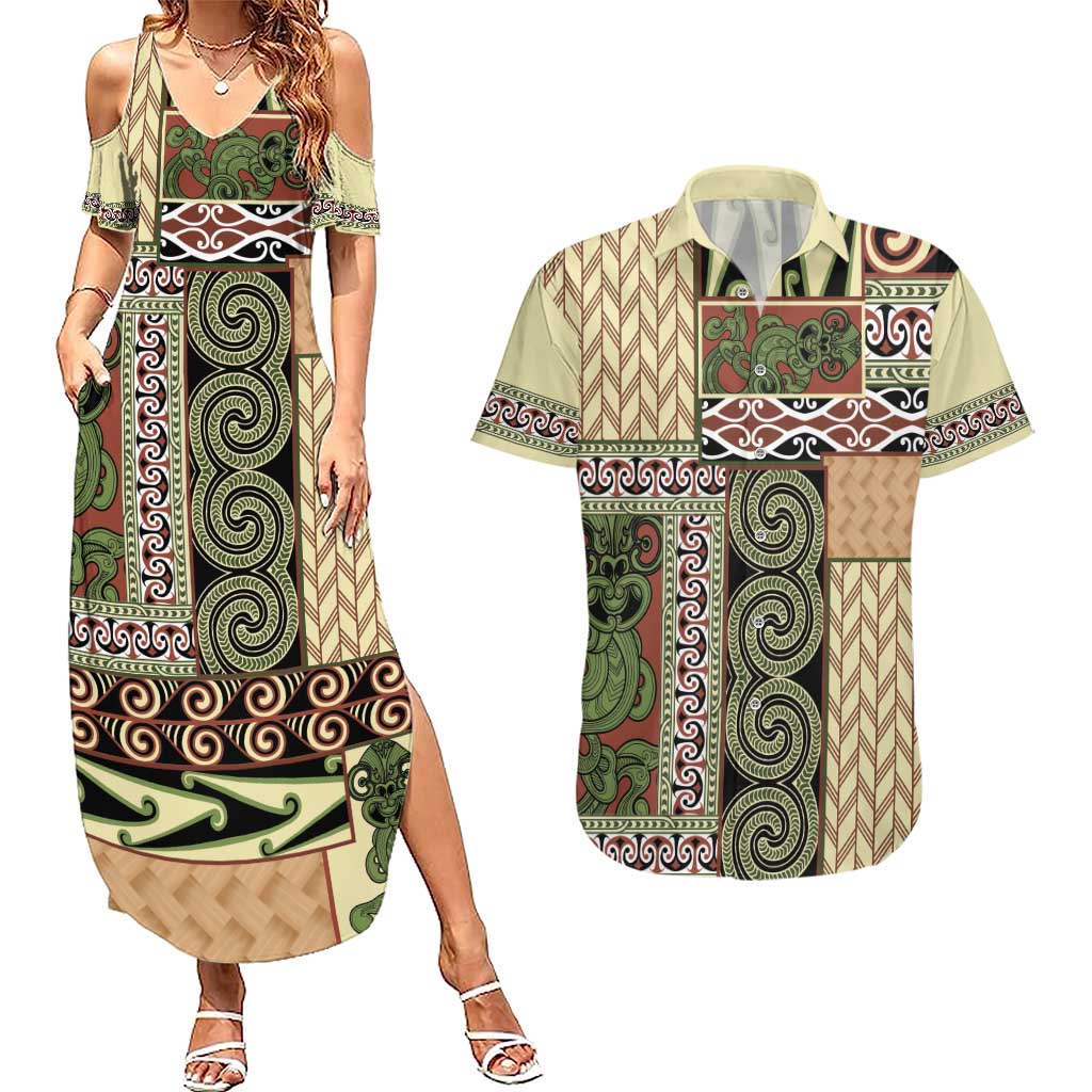 Beige Aotearoa Kowhaiwhai Pattern Couples Matching Summer Maxi Dress and Hawaiian Shirt NZ Maori Quilt Style