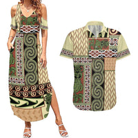 Beige Aotearoa Kowhaiwhai Pattern Couples Matching Summer Maxi Dress and Hawaiian Shirt NZ Maori Quilt Style