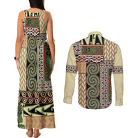 Beige Aotearoa Kowhaiwhai Pattern Couples Matching Tank Maxi Dress and Long Sleeve Button Shirt NZ Maori Quilt Style