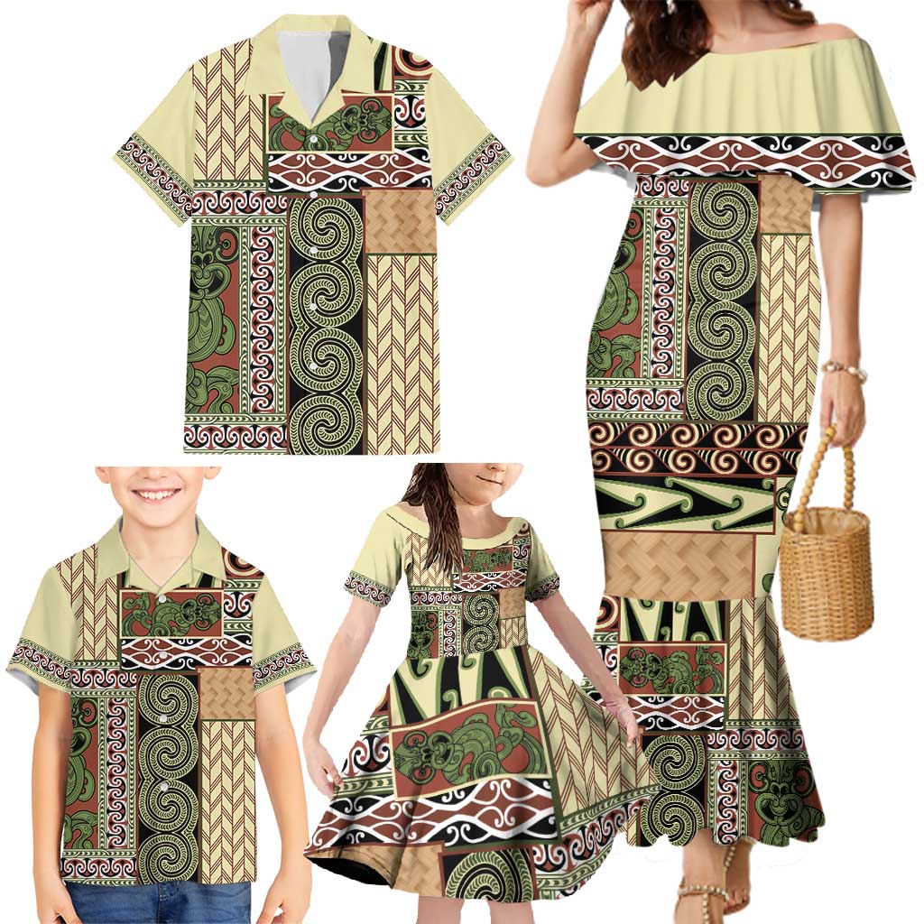 Beige Aotearoa Kowhaiwhai Pattern Family Matching Mermaid Dress and Hawaiian Shirt NZ Maori Quilt Style