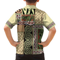 Beige Aotearoa Kowhaiwhai Pattern Family Matching Off The Shoulder Long Sleeve Dress and Hawaiian Shirt NZ Maori Quilt Style