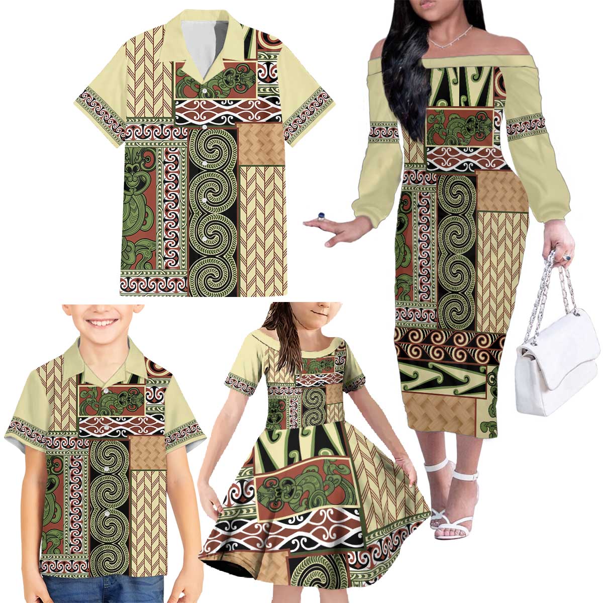 Beige Aotearoa Kowhaiwhai Pattern Family Matching Off The Shoulder Long Sleeve Dress and Hawaiian Shirt NZ Maori Quilt Style