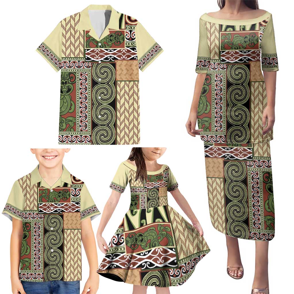 Beige Aotearoa Kowhaiwhai Pattern Family Matching Puletasi and Hawaiian Shirt NZ Maori Quilt Style