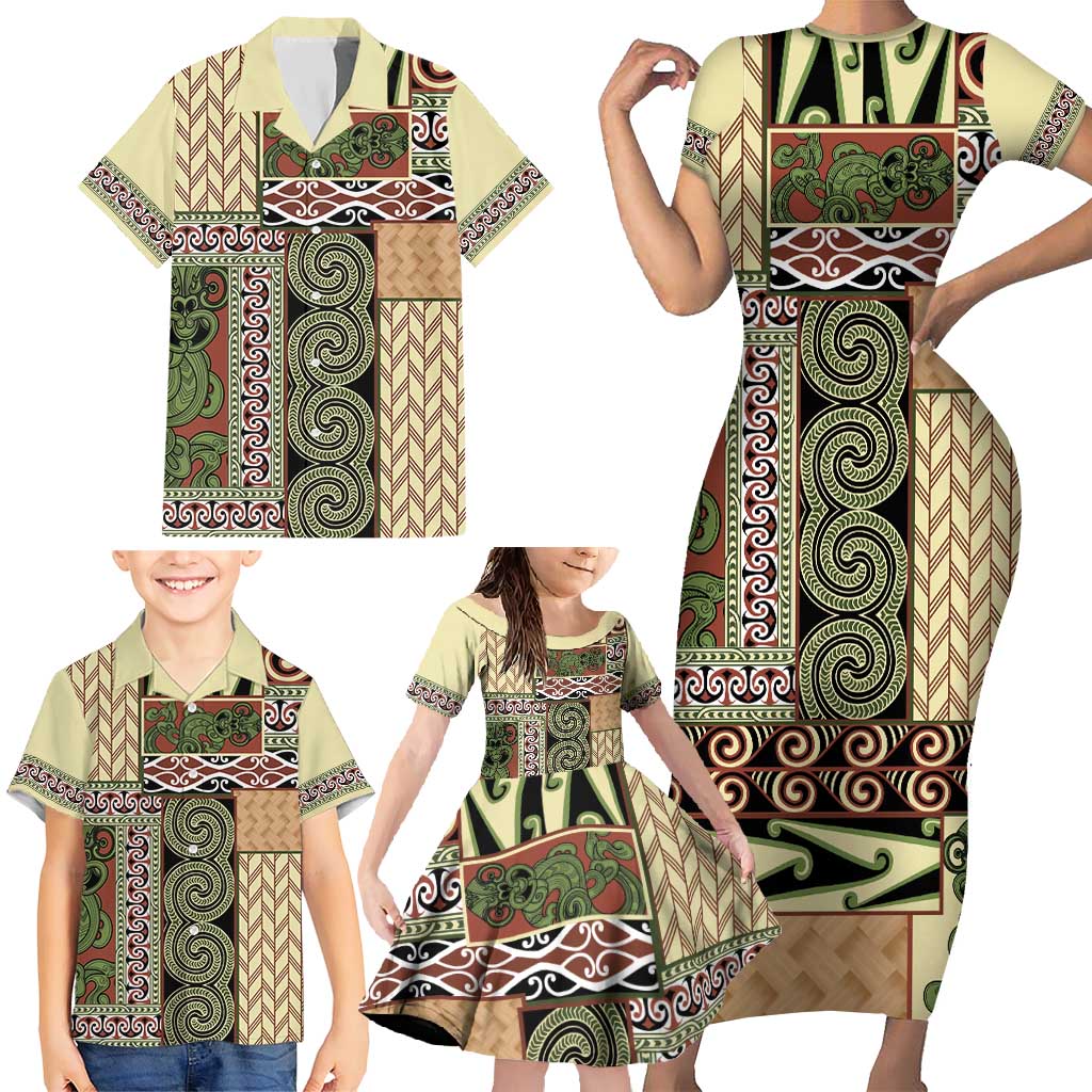 Beige Aotearoa Kowhaiwhai Pattern Family Matching Short Sleeve Bodycon Dress and Hawaiian Shirt NZ Maori Quilt Style