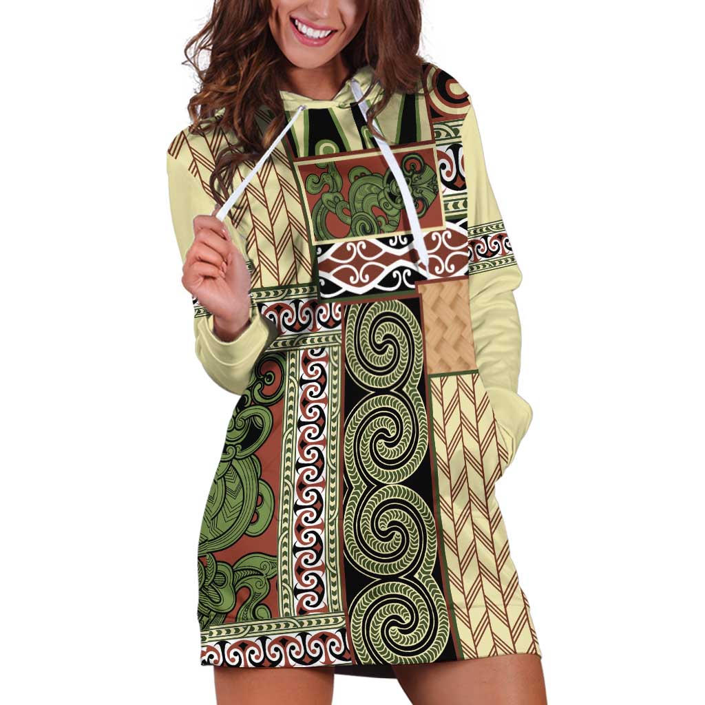 Beige Aotearoa Kowhaiwhai Pattern Hoodie Dress NZ Maori Quilt Style