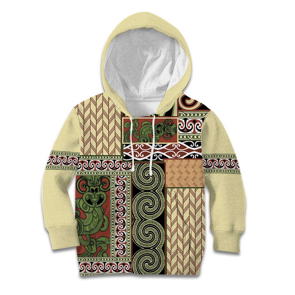 Beige Aotearoa Kowhaiwhai Pattern Kid Hoodie NZ Maori Quilt Style