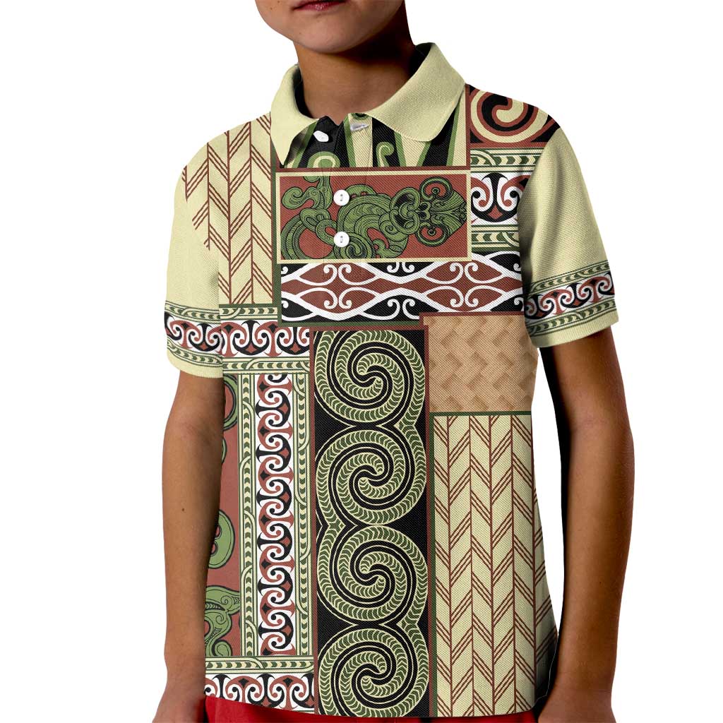 Beige Aotearoa Kowhaiwhai Pattern Kid Polo Shirt NZ Maori Quilt Style LT14 Kid Beige - Polynesian Pride
