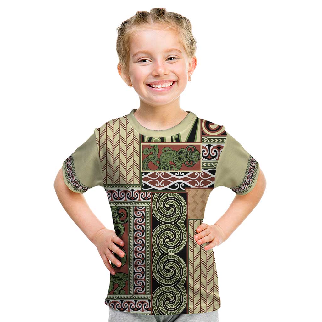 Beige Aotearoa Kowhaiwhai Pattern Kid T Shirt NZ Maori Quilt Style