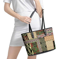 Beige Aotearoa Kowhaiwhai Pattern Leather Tote Bag NZ Maori Quilt Style