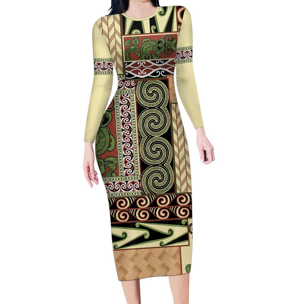 Beige Aotearoa Kowhaiwhai Pattern Long Sleeve Bodycon Dress NZ Maori Quilt Style