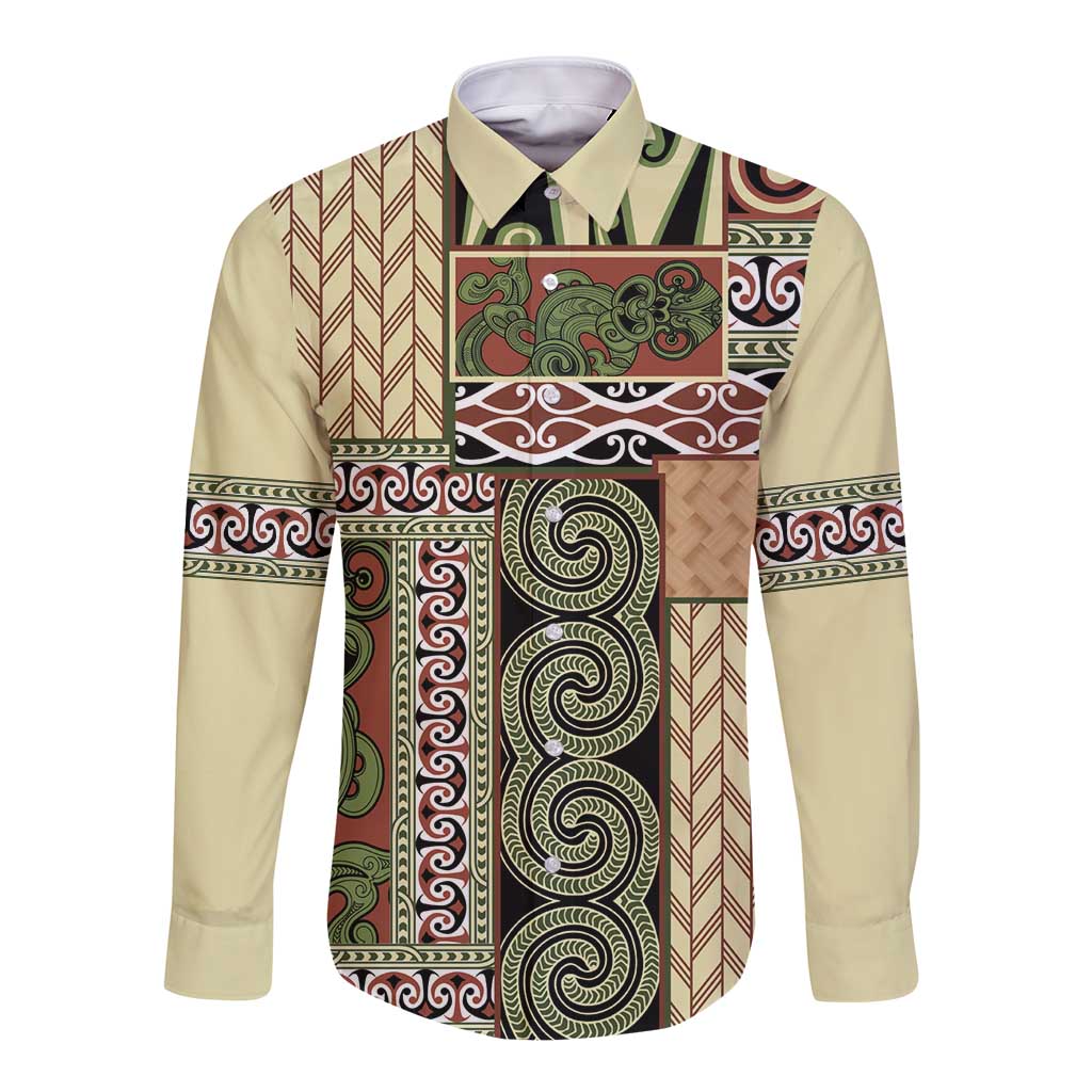 Beige Aotearoa Kowhaiwhai Pattern Long Sleeve Button Shirt NZ Maori Quilt Style