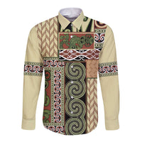 Beige Aotearoa Kowhaiwhai Pattern Long Sleeve Button Shirt NZ Maori Quilt Style