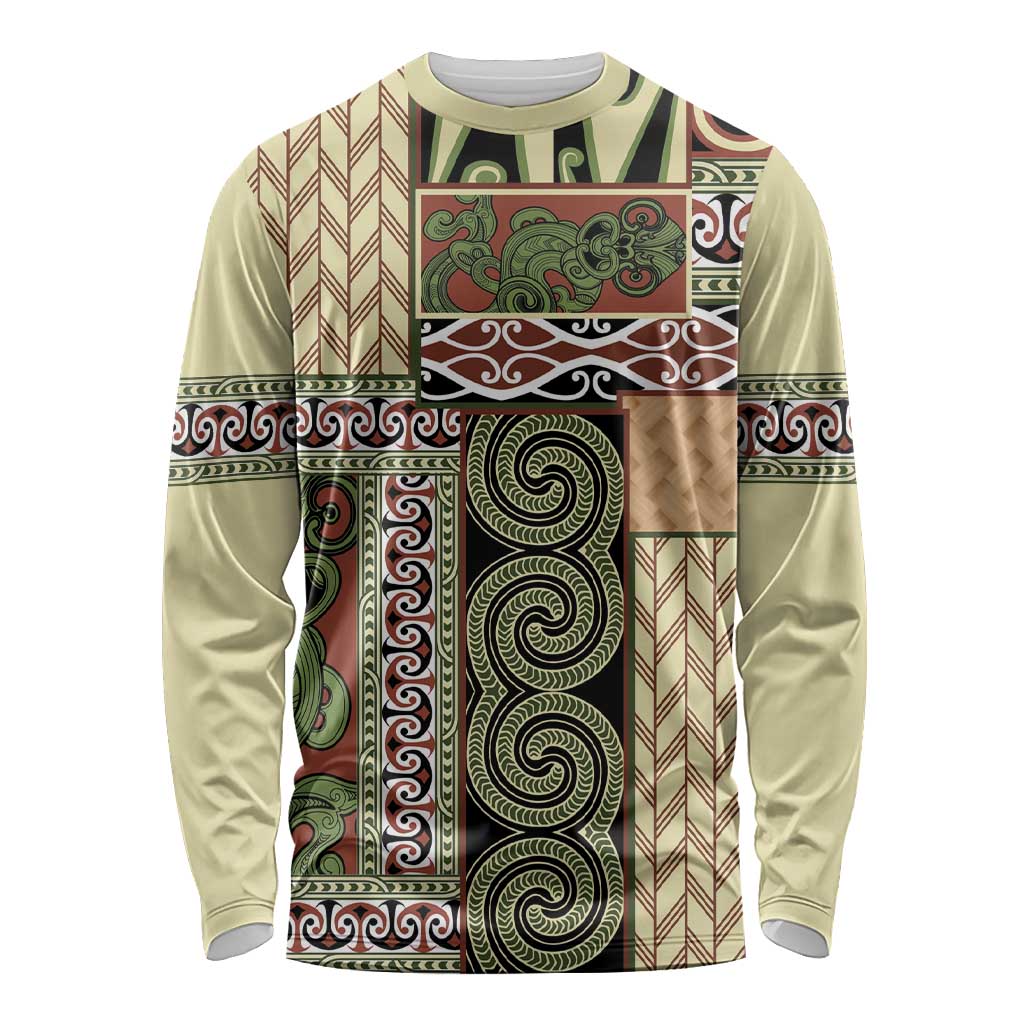 Beige Aotearoa Kowhaiwhai Pattern Long Sleeve Shirt NZ Maori Quilt Style