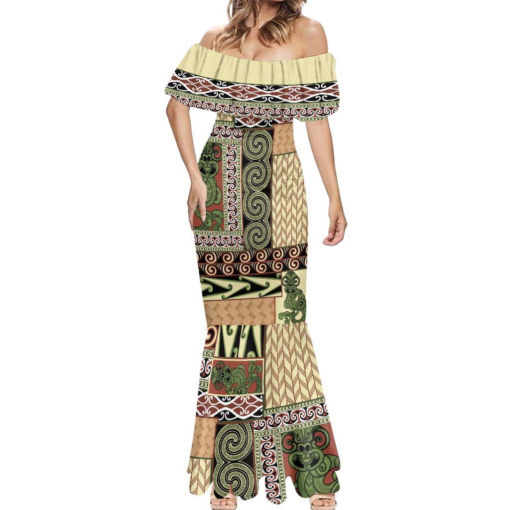 Beige Aotearoa Kowhaiwhai Pattern Mermaid Dress NZ Maori Quilt Style