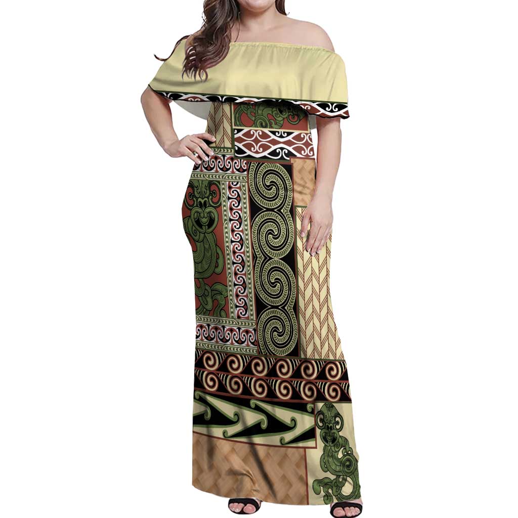 Beige Aotearoa Kowhaiwhai Pattern Off Shoulder Maxi Dress NZ Maori Quilt Style