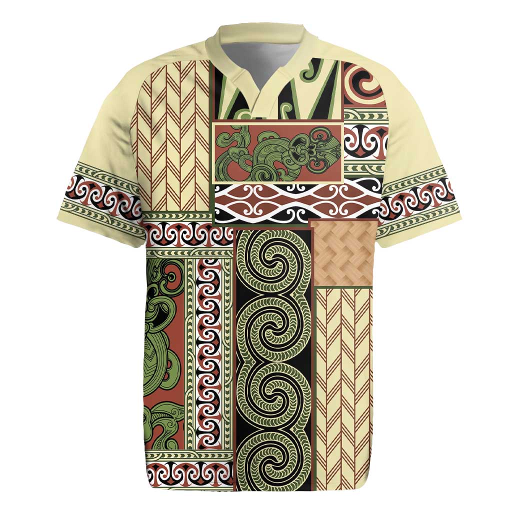 Beige Aotearoa Kowhaiwhai Pattern Rugby Jersey NZ Maori Quilt Style