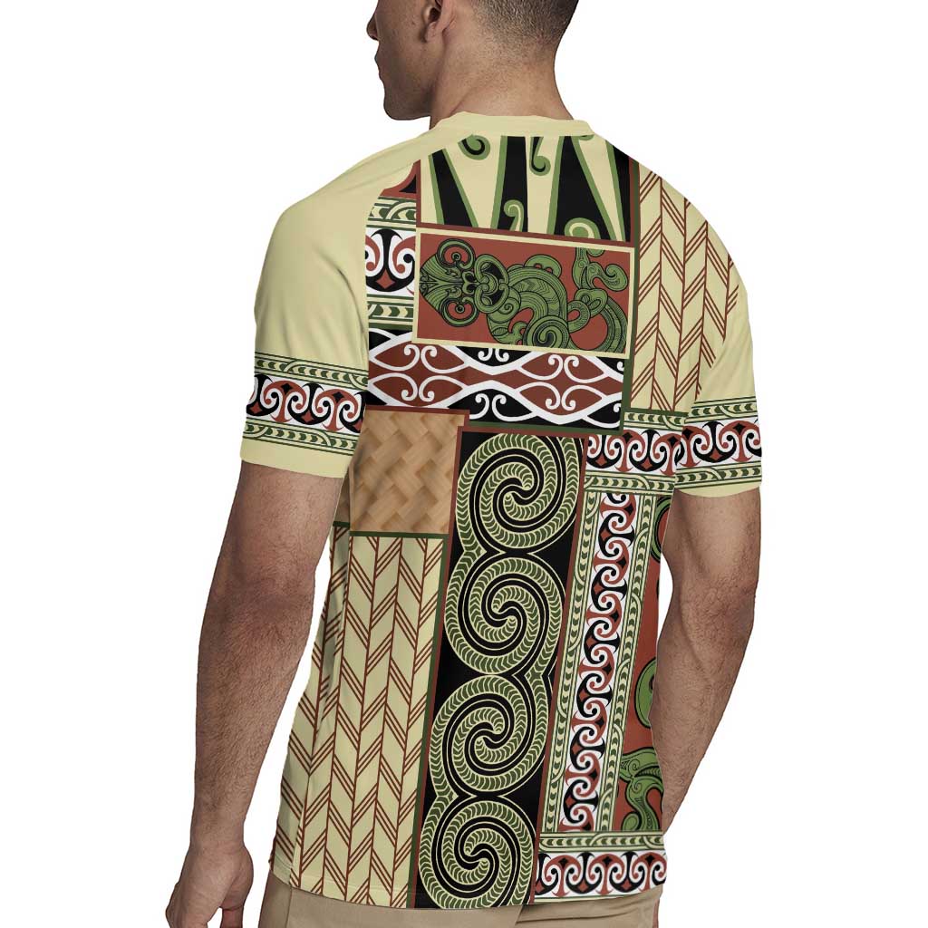 Beige Aotearoa Kowhaiwhai Pattern Rugby Jersey NZ Maori Quilt Style