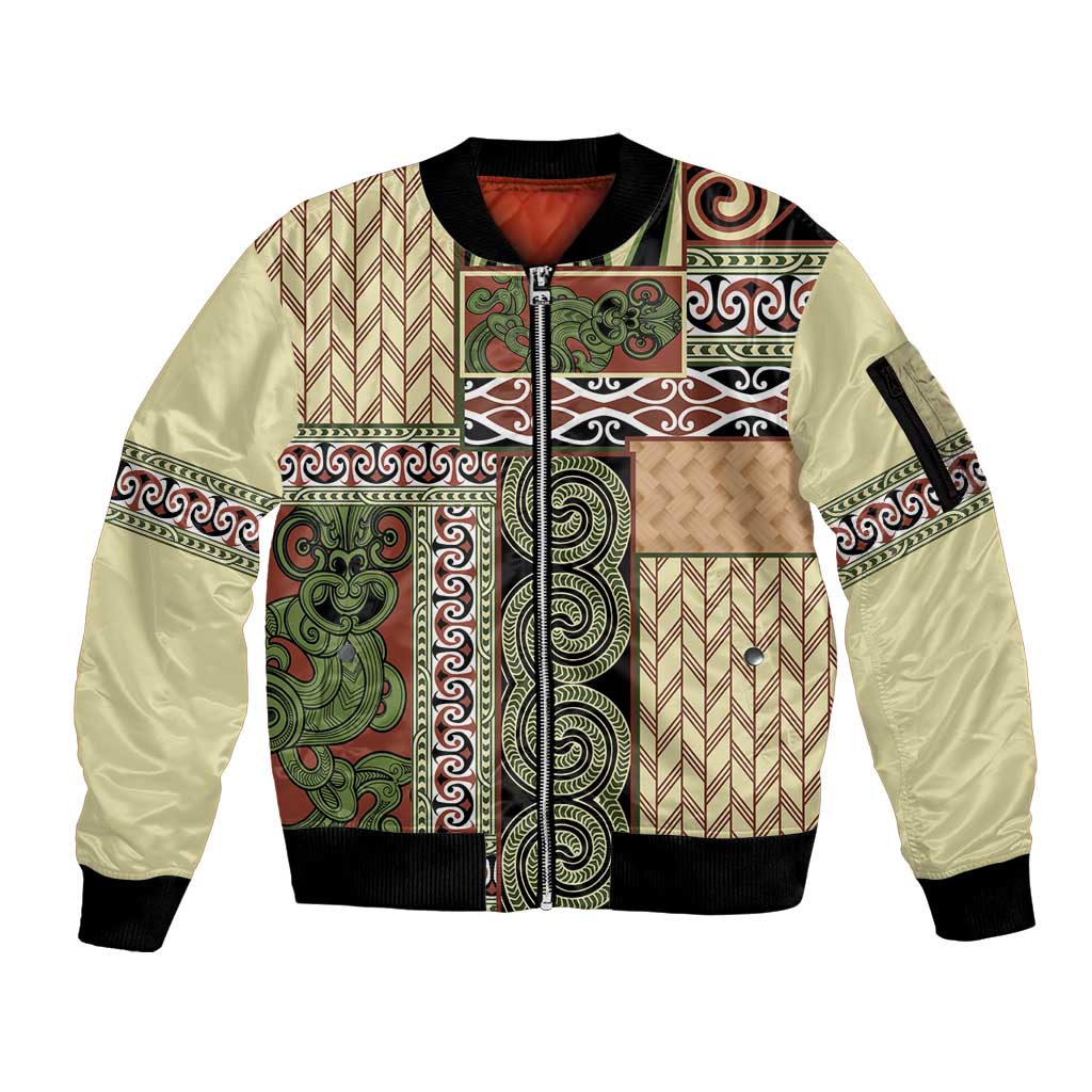 Beige Aotearoa Kowhaiwhai Pattern Sleeve Zip Bomber Jacket NZ Maori Quilt Style