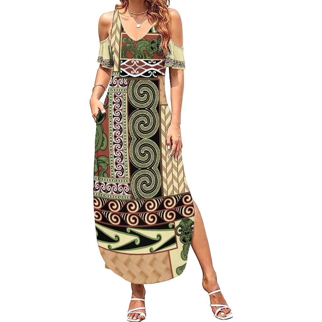 Beige Aotearoa Kowhaiwhai Pattern Summer Maxi Dress NZ Maori Quilt Style