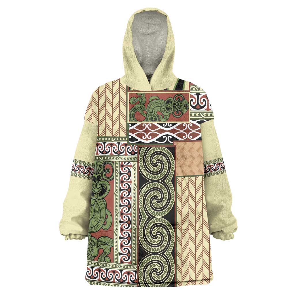 Beige Aotearoa Kowhaiwhai Pattern Wearable Blanket Hoodie NZ Maori Quilt Style