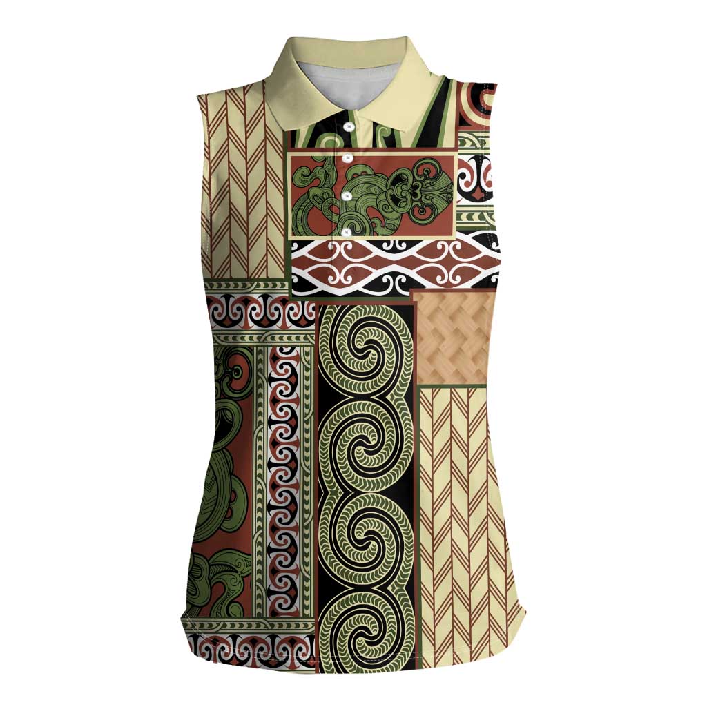 Beige Aotearoa Kowhaiwhai Pattern Women Sleeveless Polo Shirt NZ Maori Quilt Style