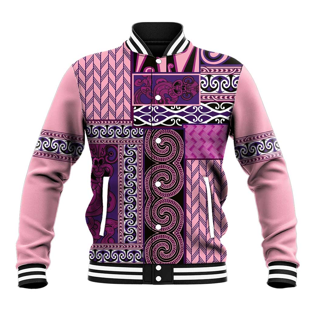 Pink Aotearoa Kowhaiwhai Pattern Baseball Jacket NZ Maori Quilt Style