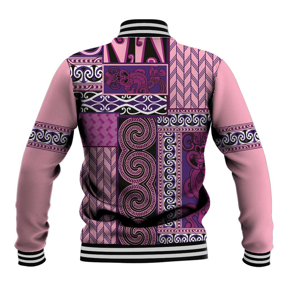 Pink Aotearoa Kowhaiwhai Pattern Baseball Jacket NZ Maori Quilt Style