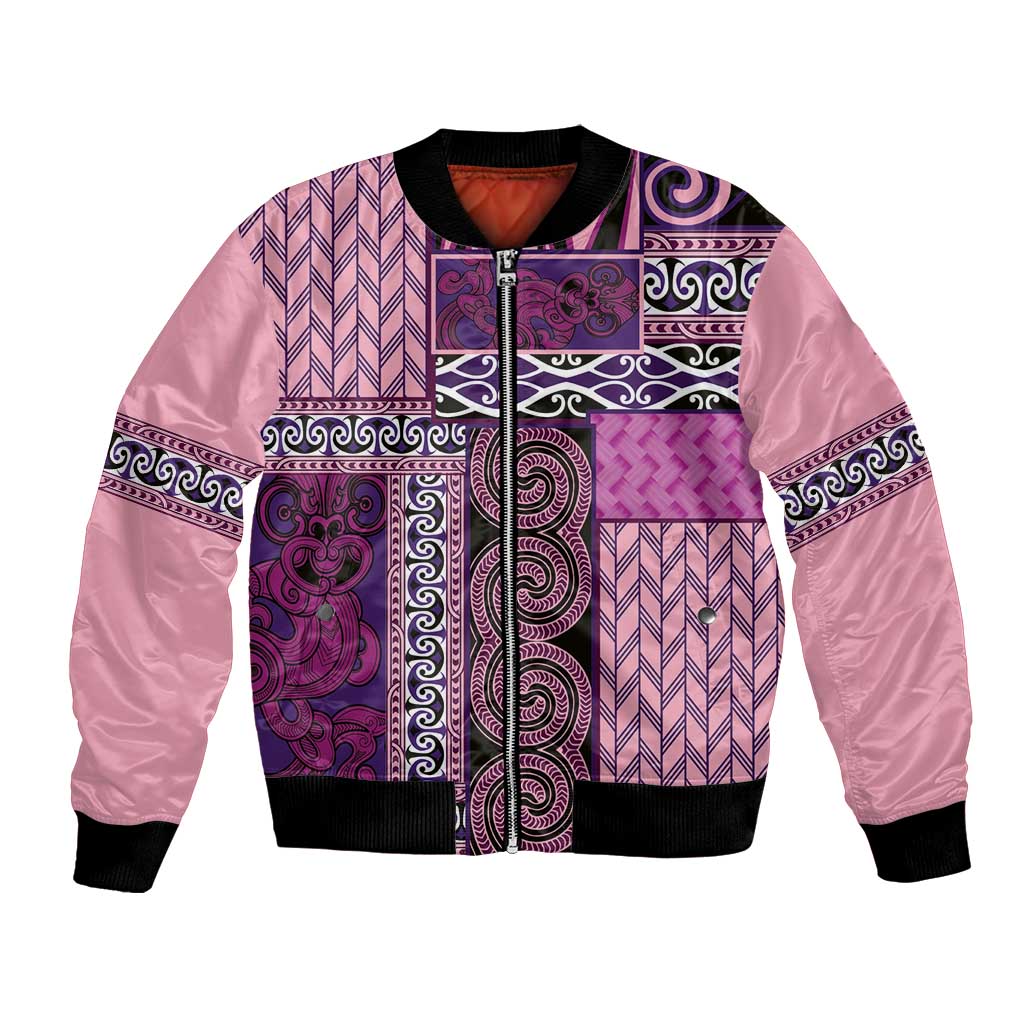 Pink Aotearoa Kowhaiwhai Pattern Bomber Jacket NZ Maori Quilt Style