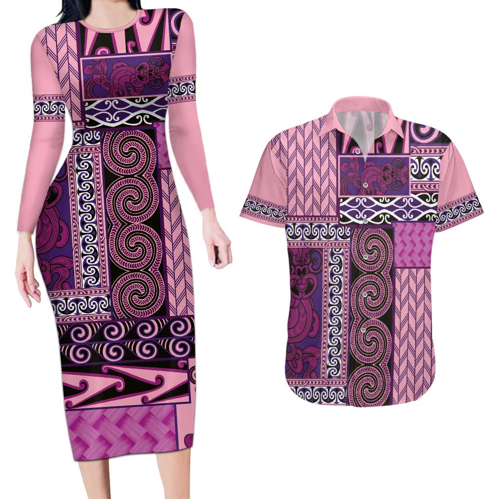 Pink Aotearoa Kowhaiwhai Pattern Couples Matching Long Sleeve Bodycon Dress and Hawaiian Shirt NZ Maori Quilt Style