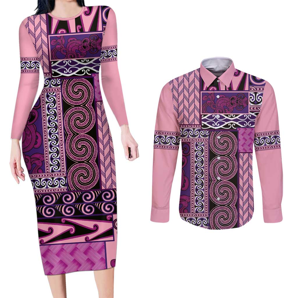 Pink Aotearoa Kowhaiwhai Pattern Couples Matching Long Sleeve Bodycon Dress and Long Sleeve Button Shirt NZ Maori Quilt Style