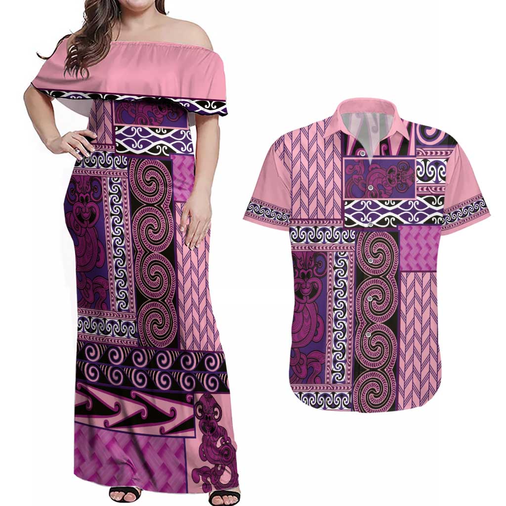 Pink Aotearoa Kowhaiwhai Pattern Couples Matching Off Shoulder Maxi Dress and Hawaiian Shirt NZ Maori Quilt Style