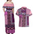 Pink Aotearoa Kowhaiwhai Pattern Couples Matching Off Shoulder Maxi Dress and Hawaiian Shirt NZ Maori Quilt Style