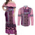 Pink Aotearoa Kowhaiwhai Pattern Couples Matching Off Shoulder Maxi Dress and Long Sleeve Button Shirt NZ Maori Quilt Style