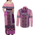 Pink Aotearoa Kowhaiwhai Pattern Couples Matching Off Shoulder Maxi Dress and Long Sleeve Button Shirt NZ Maori Quilt Style