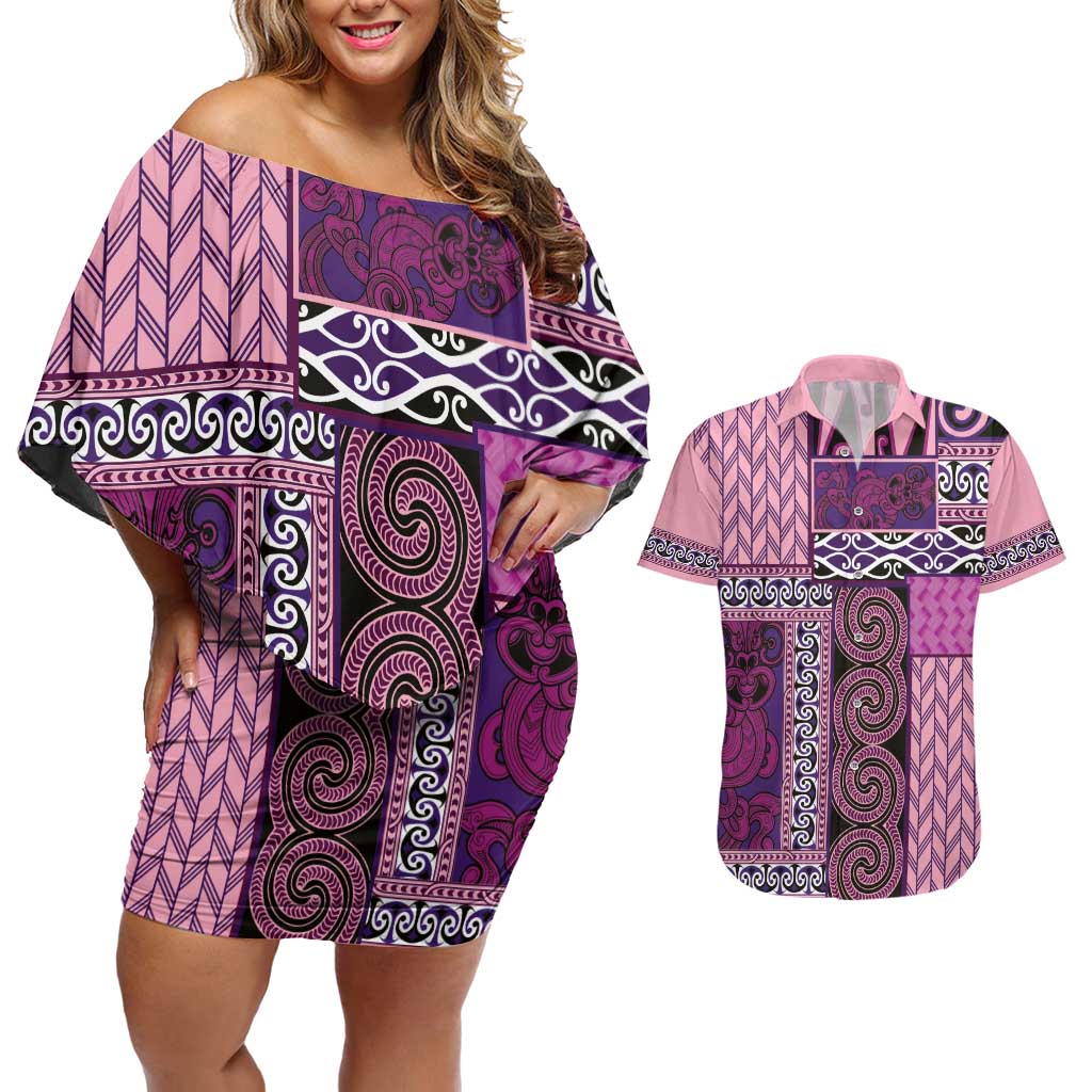 Pink Aotearoa Kowhaiwhai Pattern Couples Matching Off Shoulder Short Dress and Hawaiian Shirt NZ Maori Quilt Style