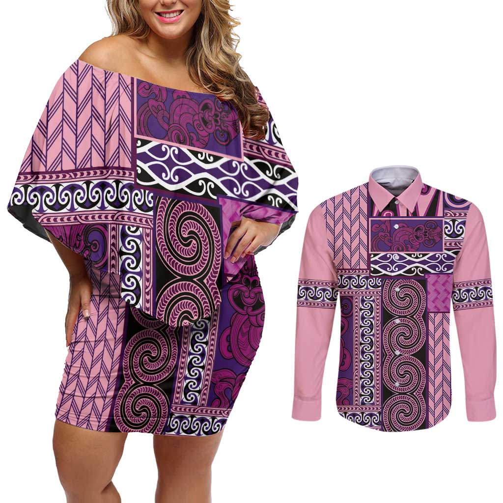 Pink Aotearoa Kowhaiwhai Pattern Couples Matching Off Shoulder Short Dress and Long Sleeve Button Shirt NZ Maori Quilt Style